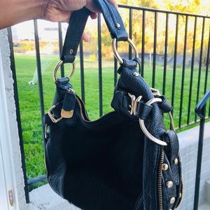 VINTAGE DKNY BLACK PONY HAIR LEATHER STUDDED HAND BAG